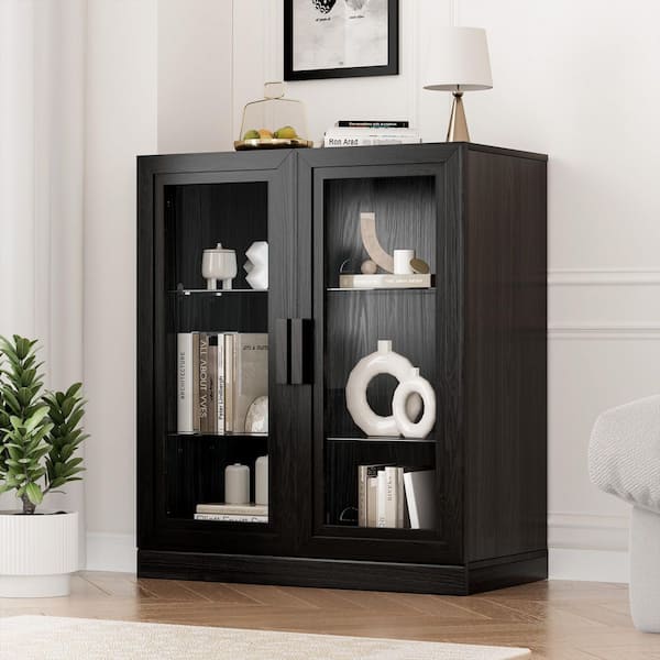 Solid Wood Black 36 in. H Storage Cabinet with Adjustable Shelves Glass Door