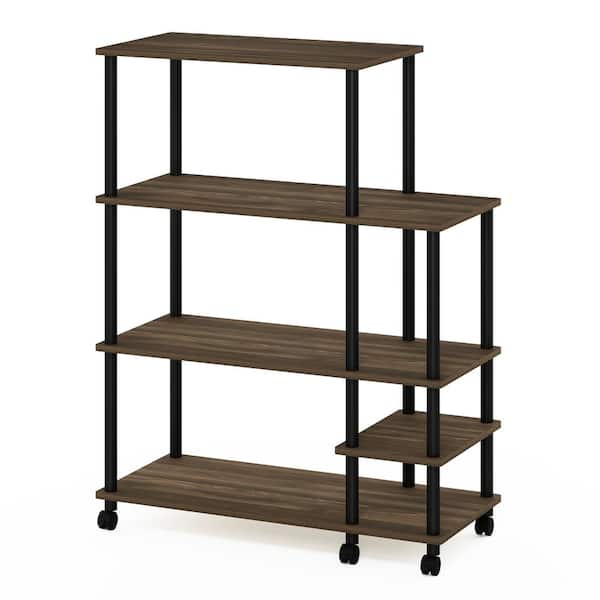 Furinno Turn-N-Tube 46 in. Tall Columbia Walnut/Black Wood 4-Shelf Etagere Bookcase with Wheels