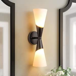 Angelina 18.8 in. 2-Light Black Metal Up and Down Linear Horn Bathroom Vanity Light Sconce with Frosted Opal Glass Shade