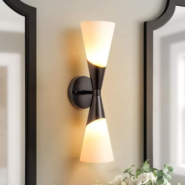 RRTYO Angelina 18.8 in. 2-Light Black Metal Up and Down Linear Horn Bathroom Vanity Light Sconce with Frosted Opal Glass Shade
