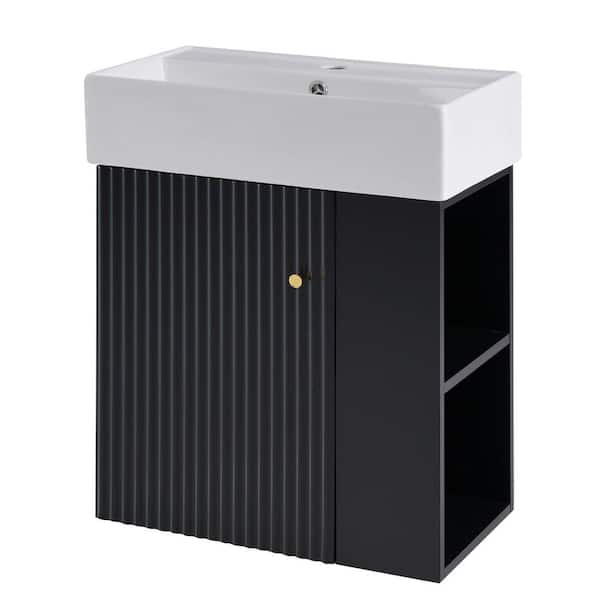 Lycvki 21.6 in. Floating Bath Vanity Cabinet in Black with White Ceramic Basin Top, Right Side Storage