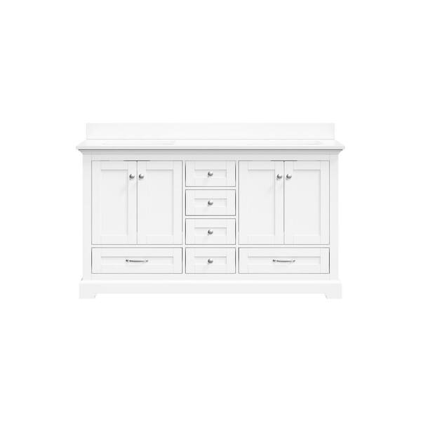 60 in. Solid Wood Double Sink Freestanding White Bath Vanity with Pure White Cultured Marble Top Assembled