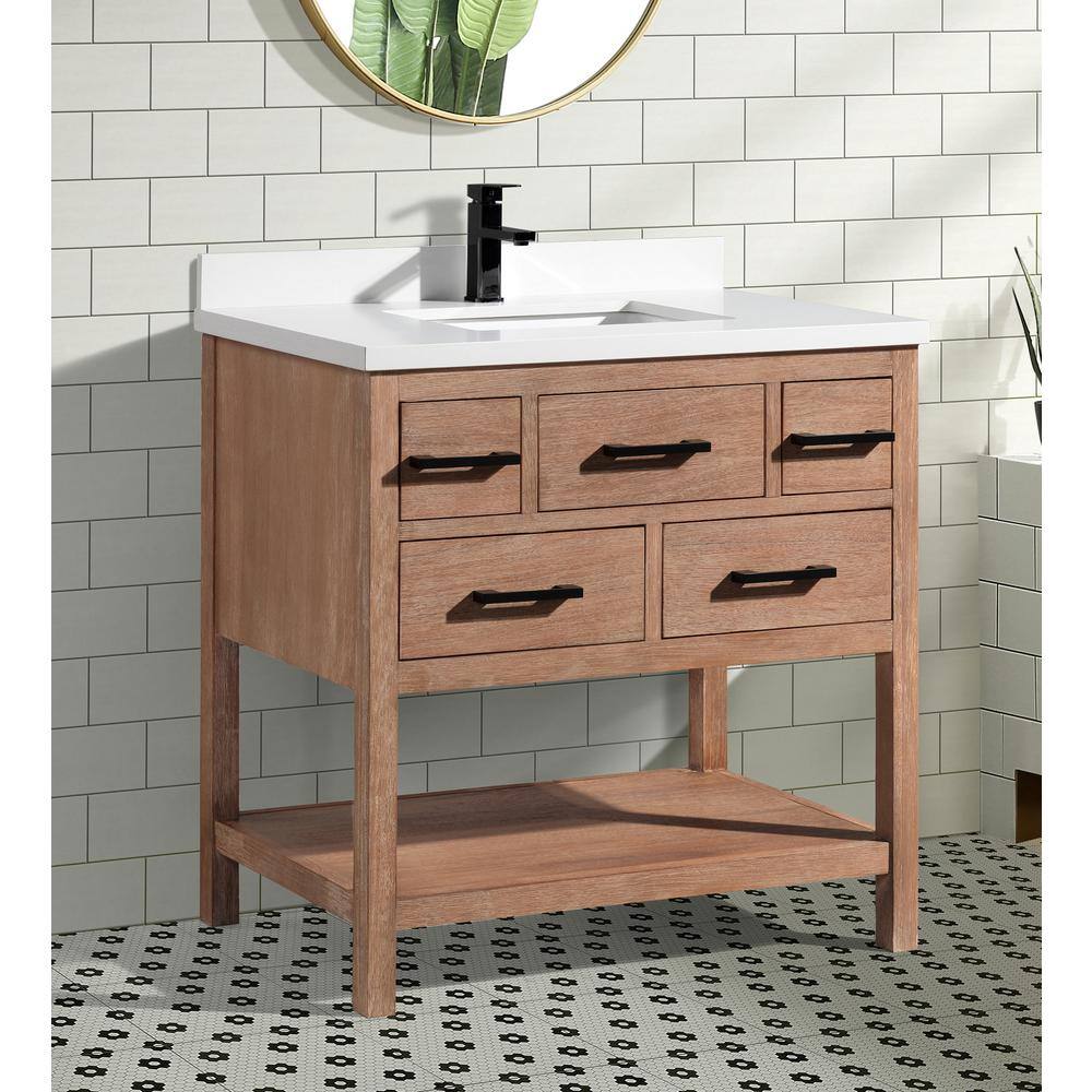 Weathered Brown 36" Solid Wood Farmhouse Vanity with Quartz Top