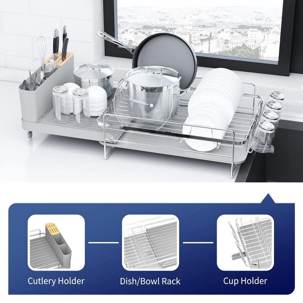 Silver Stainless Steel Expandable Dish Drying Rack with Utensil Cup