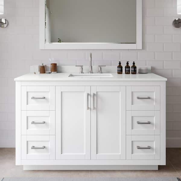 Wyndham Collection Miranda 54 in. W x 22 in. D x 33.75 in. H Single Bath Vanity in White with White Quartz Top and 46 in. Mirror