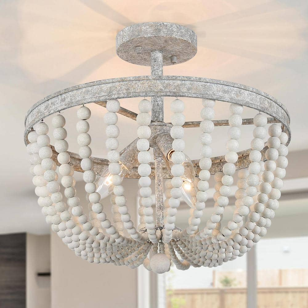 LNC 16 in. Modern Farmhouse Antique White Wood Beaded Semi-Flush Mount ...