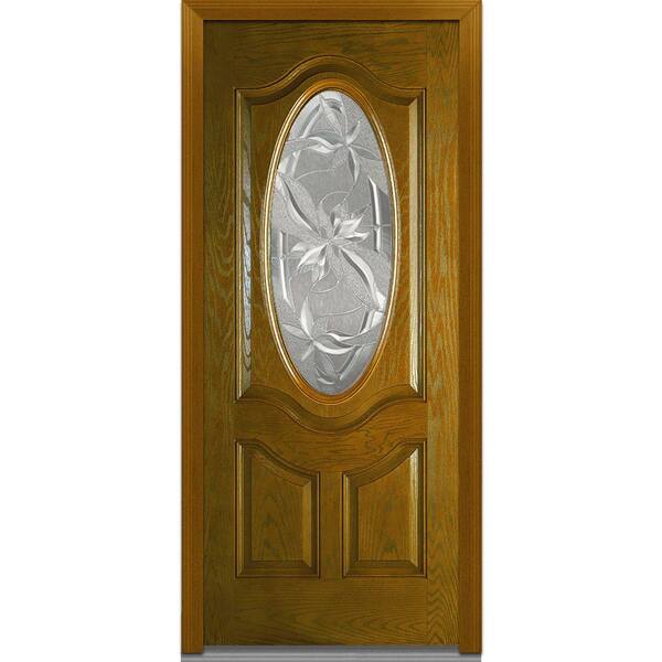 Milliken Millwork 36 in. x 80 in. Lasting Impressions Right Hand 3/4 Oval Decorative Modern Stained Fiberglass Oak Prehung Front Door