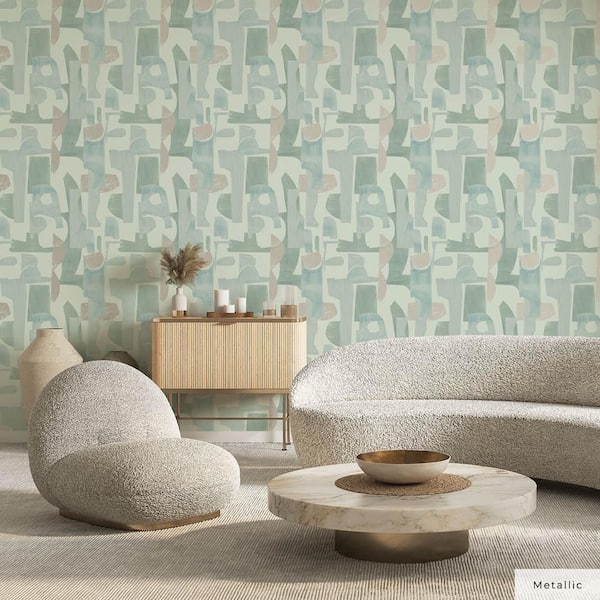 Metallic Sage and Cedar Geo Composition Vinyl Peel and Stick Wallpaper Roll (Covers 28 sq. ft.)
