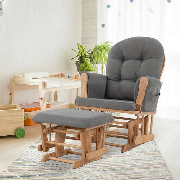 HOMESTOCK Pecan/Dark Gray Modern Glider Nursery Rocking Chair with Ottoman, Ideal for Breastfeeding and Reading