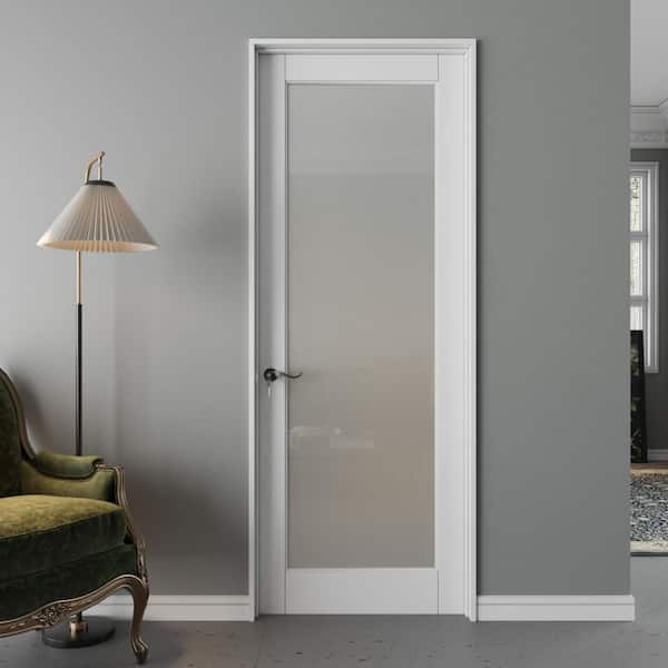 30 in. x 80 in. 1-Lite Frosted Glass Right-Hand White Solid Core Wood Single Prehung Interior Door + Quick Assemble Jamb