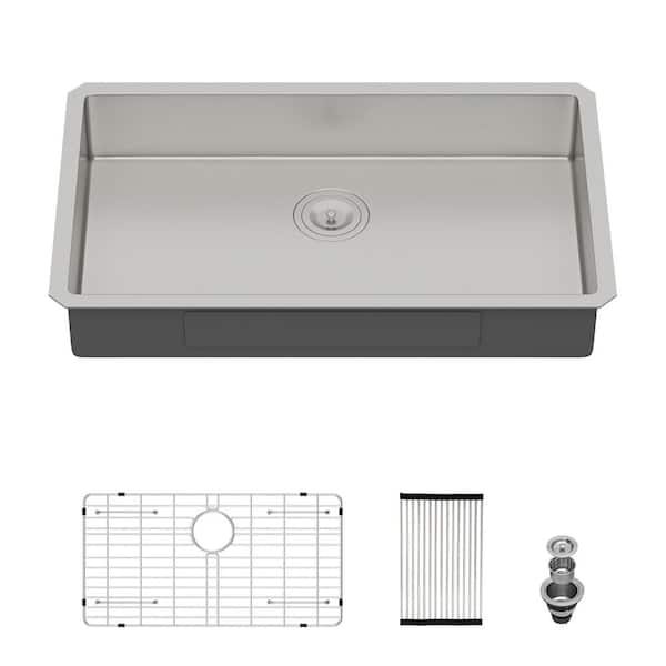 27 in. Undermount ADA Single Bowl 16-Gauge Brushed Nickel Stainless Steel Kitchen Sink with Bottom Grids
