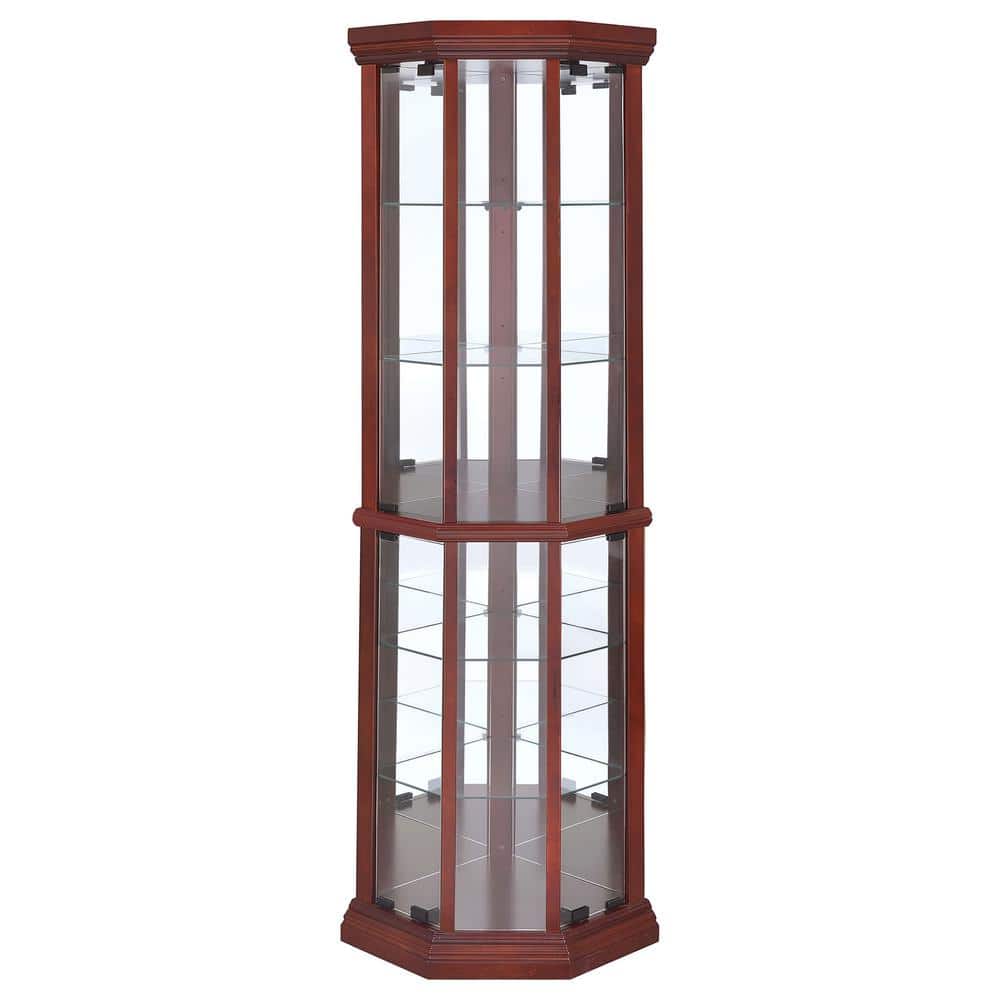 Medium Brown Lighted Corner Curio Cabinet with Glass Shelves