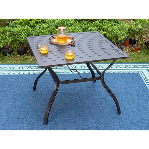 Black 5-Piece Metal Outdoor Patio Dining Set with Slat Square Table and Swivel Chairs with Beige Cushions
