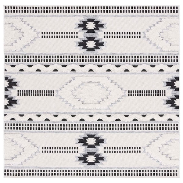 Cottage Ivory/Black 7 ft. x 7 ft. High-Low Geometric Indoor/Outdoor Square Area Rug