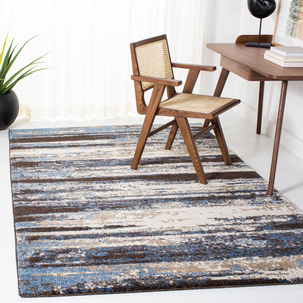 Cream & Blue Abstract Shag Synthetic Area Rug - 3' x 5'