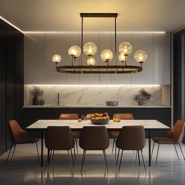 10-Light Black Rustic Linear lsland Chandelier with Clear Bubble Glass Shade