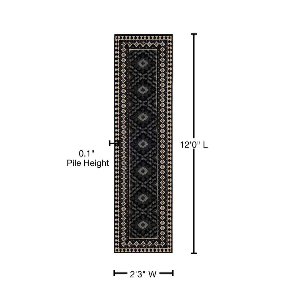 Reversible Easy-Care Black and Cream Synthetic Runner Rug, 2'3" x 12'