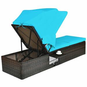Adjustable Wicker Outdoor Chaise Lounge with Turquoise Cushions and Folding Canopy