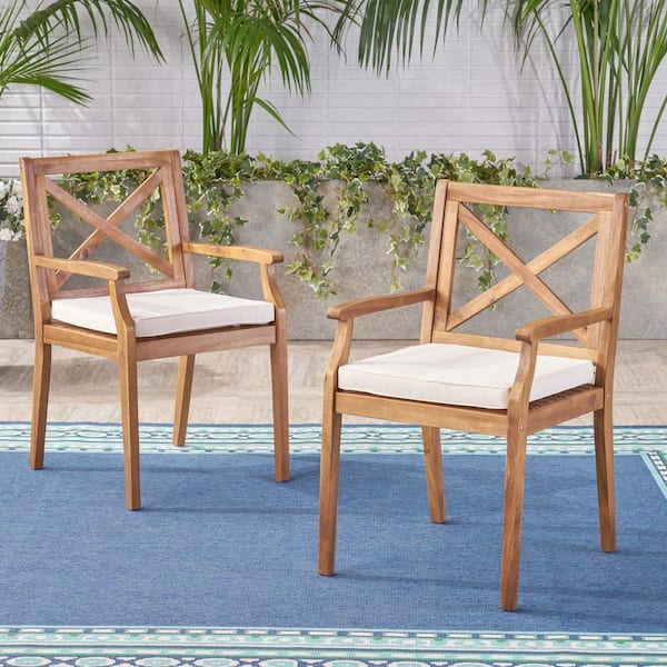 Tenleaf Teak Acacia Wood Outdoor Dining Chair with Cream Cushion (2-Pack)