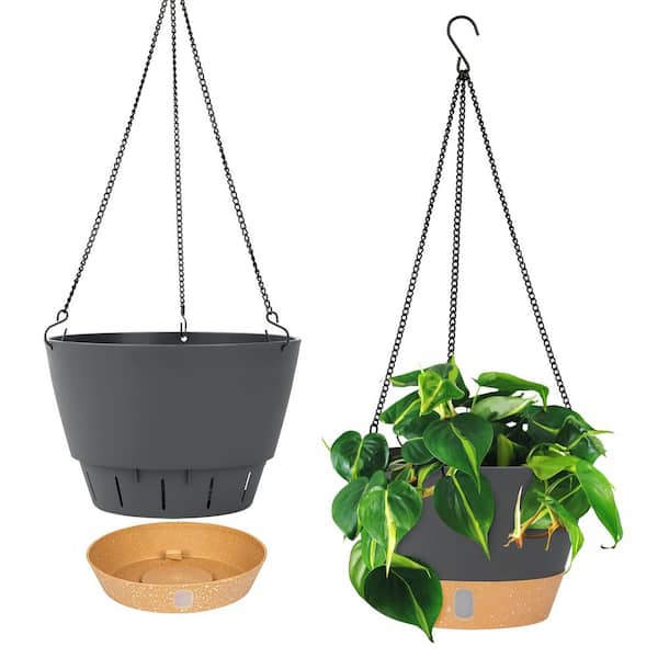 Dyiom 10 in. Dia Drak Gray Plastic Hanging Basket with Visible Water Level (2-Pack)
