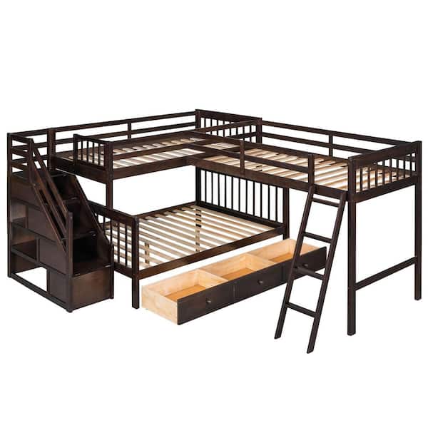 STICKON Espresso Brown Twin Over Full L-Shaped Wood Bunk Bed with 3-Drawers, Ladder and Staircase