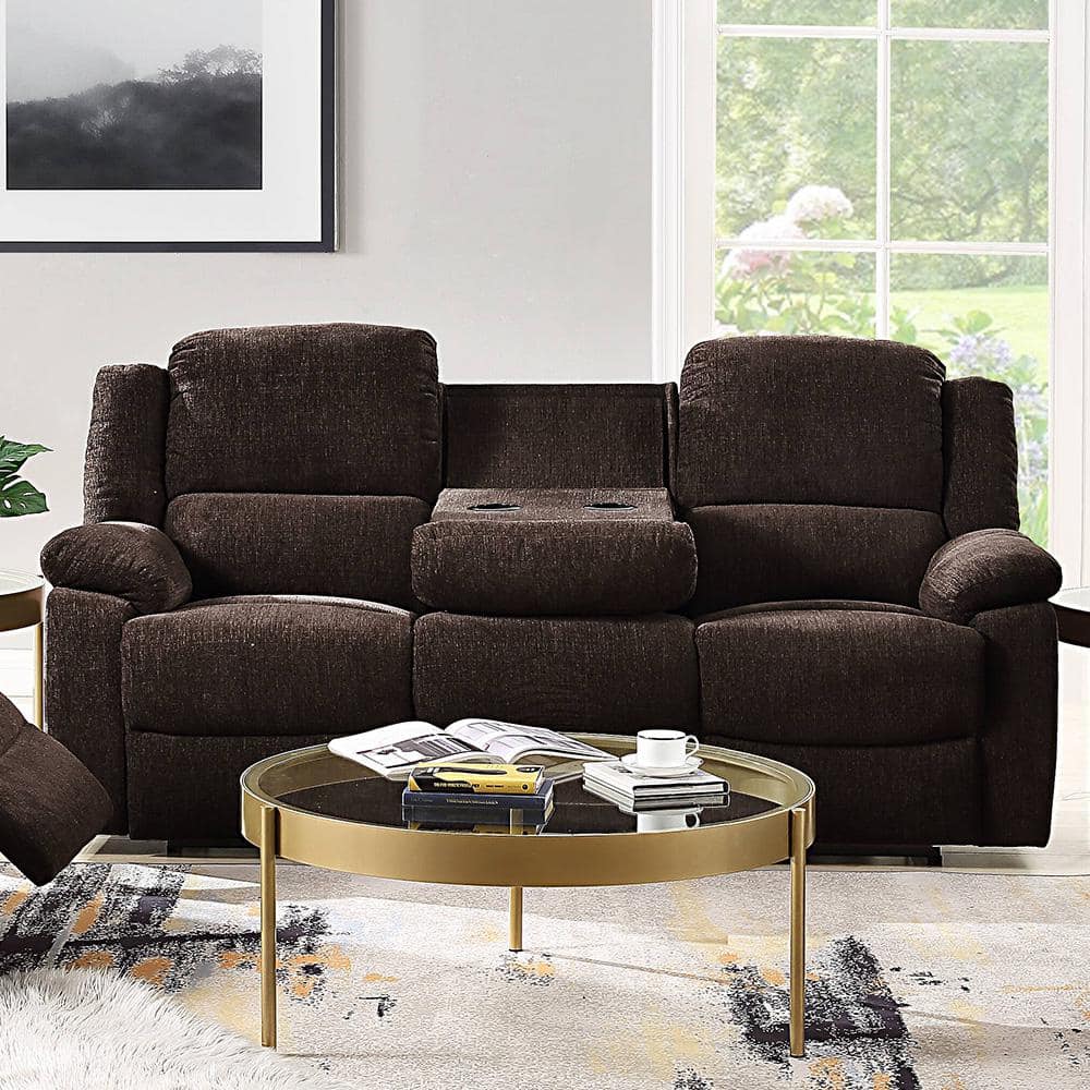 Kalen 78'' Velvety Brown Chenille Reclining Sofa with Cup Holders