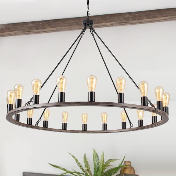 Loughlam 20-Light Black/Brown Farmhouse Candle Style Wagon Wheel Chandelier for Living Room Kitchen Dining Room Foyer