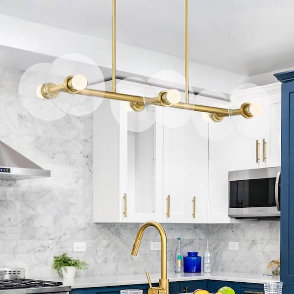 Litto 6-Light Brushed Gold Modern Linear Chandelier for Kitchen Islands with No Bulbs Included