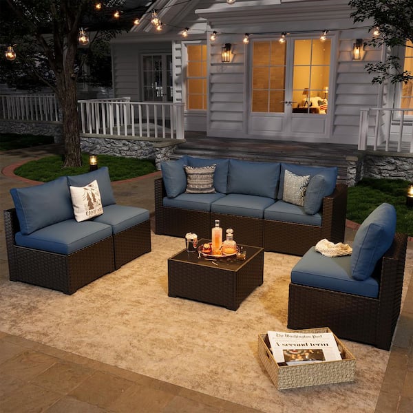 Black 7-Piece Wicker Rattan Outdoor Sectional Set with Blue Cushions, Coffee Table