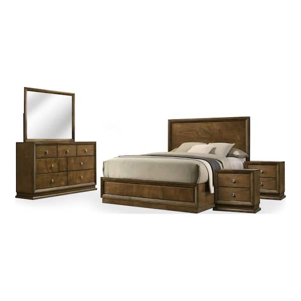 Joune 5-Piece Walnut Wood Frame King Panel Bedroom Set with Beleved Corner, Metal Center Glide, Zinc Bronze Metal Knobs