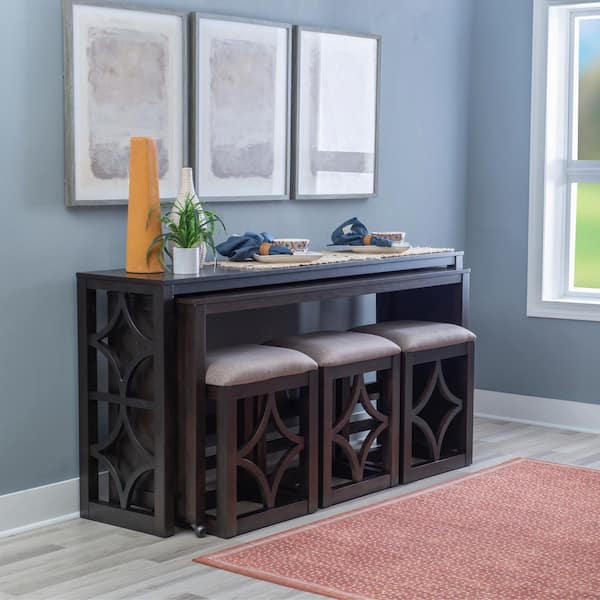 Linon Home Decor Wyeth 72 in. L Umber Brown Rectangle Wood Top Rolling Console Table with 3 Stools