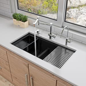 34 in. Undermount Double Bowl Granite Composite 50/50 Kitchen Sink in Black