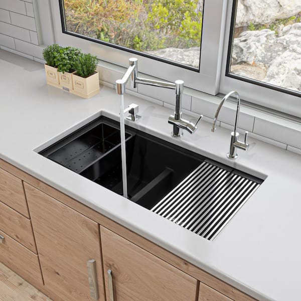 34 in. Undermount Double Bowl Granite Composite 50/50 Kitchen Sink in Black