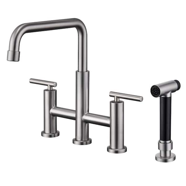 Double Handle Bridge Kitchen Faucet in Brushed Nickel, with Put Out Side Sprayer