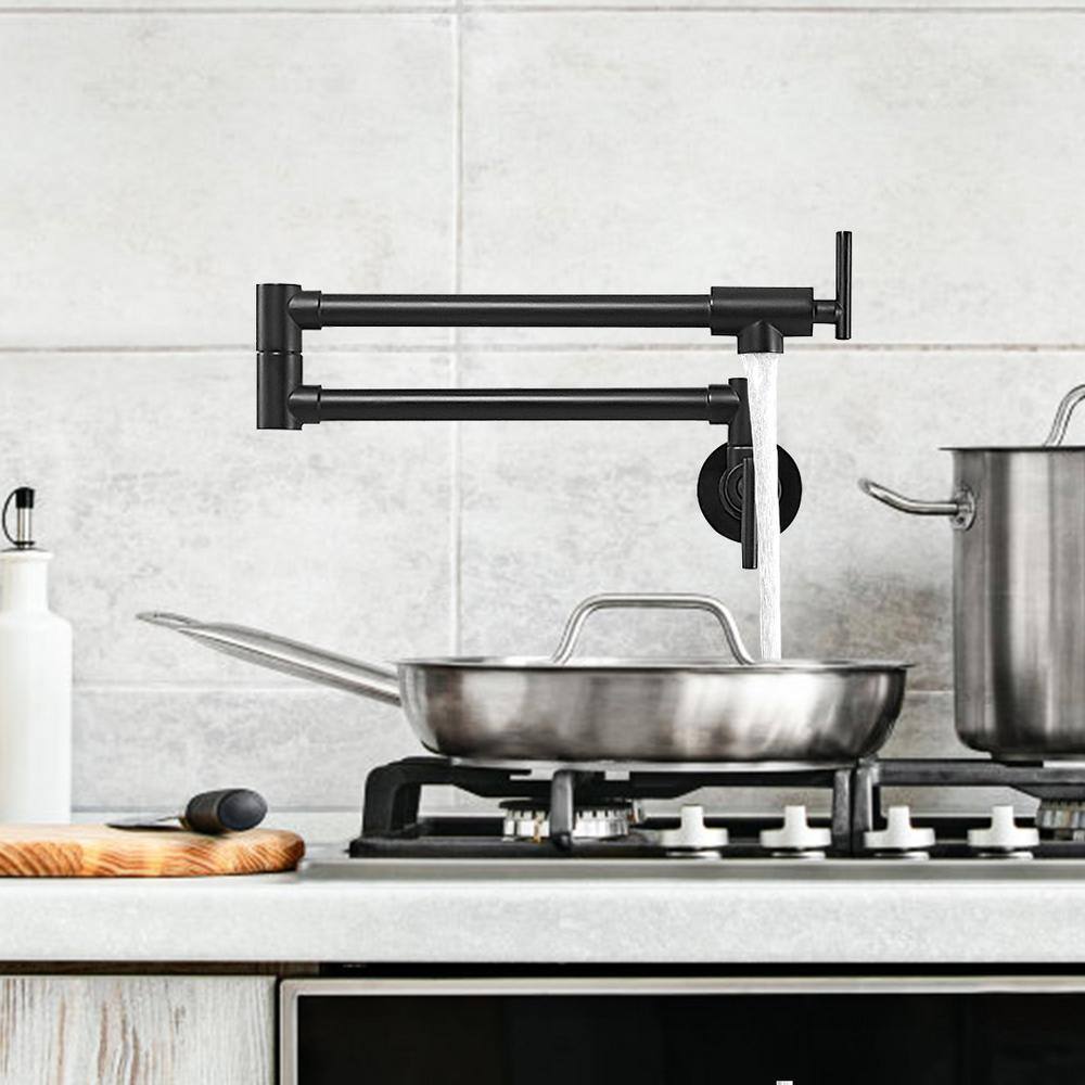 Matte Black Stainless Steel Dual Handle Wall Mount Pot Filler Faucet