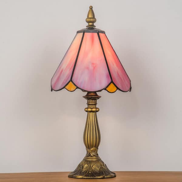 15 in. H Anti-Bronze Finishing Tiffany Style Table Lamp Small Nightstand Desk Light for Bedroom Pink Stained Glass Shade