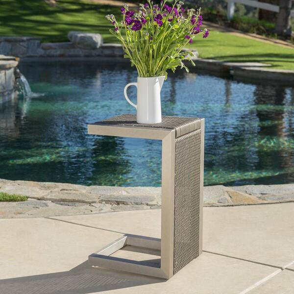 !2点 Brown Aluminum Wicker Outdoor Side Table Cape Coral C-Shaped