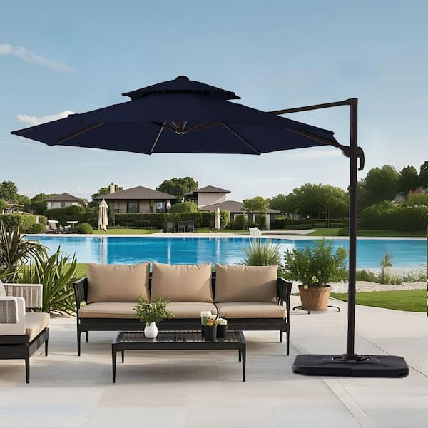 11 ft.Double Top Round Outdoor Cantilever umbrella with Cover,Heavy-Duty 360° Rotation Patio Umbrella in Navy