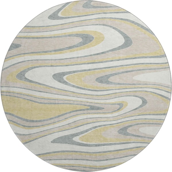 Mayfield Premium Machine Washable Abstract AMF2493 Ivory 8 ft. x 8 ft. Round Rug