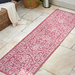 Malta Fuchsia/Light Gray 2 ft. x 8 ft. Bohemian Medallion Textured Weave Indoor/Outdoor Area Rug