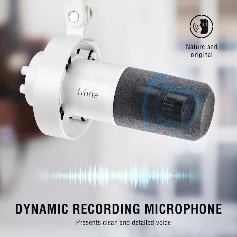 XLR/USB Dynamic Microphone for Streaming Recording with Tap to Mute, Gain Knob, Headphones Monitoring Amplitank White