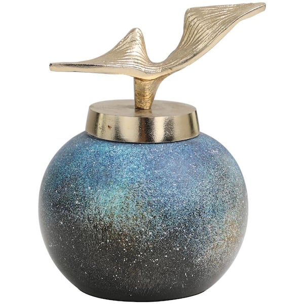 Litton Lane Blue Glass Abstract Galaxy Inspired Decorative Jars with Gold Wave Designed Top