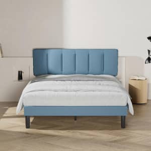 Upholstered Bed Frame Blue Metal Frame Full Platform Bed with Adjustable Headboard Wood Slat No Box Spring Needed