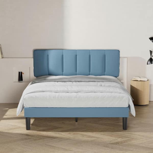 VECELO Upholstered Bed Frame Blue Metal Frame Full Platform Bed with Adjustable Headboard Wood Slat No Box Spring Needed