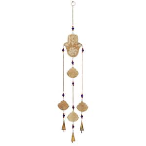 32 in. Brown Mango Wood Buddha Hamas Windchime with Glass Beads and Cone Bells