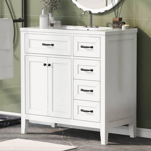 36 in. W Modern Bathroom Vanity in White with Ceramic Sink Top and Drawers and Cabinet