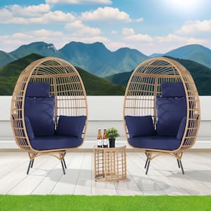 3-Piece Patio Wicker Swivel Outdoor Bistro Set with Side Table, Oversized Egg Chair with Navy Blue Cushions