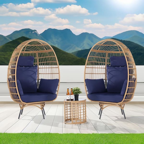 SANSTAR 3-Piece Patio Wicker Swivel Outdoor Bistro Set with Side Table, Oversized Egg Chair with Navy Blue Cushions