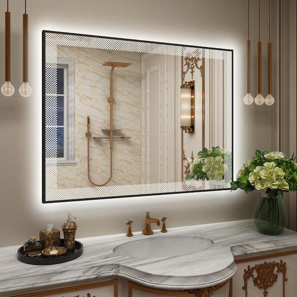 Apmir 40 in. W x 30 in. H Rectangular Framed Checkerboard LED Lighted Anti-Fog Tempered Glass Wall Bathroom Vanity Mirror