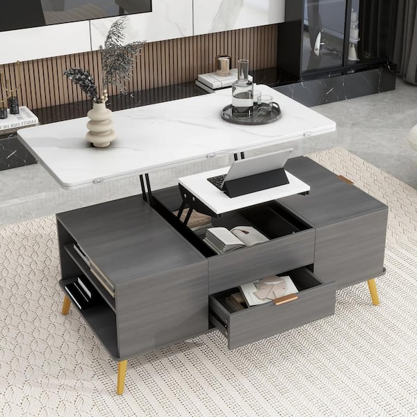 47.24 in. Gray Rectangle MDF Lift Top Coffee Table Multi Functional Table with Drawers